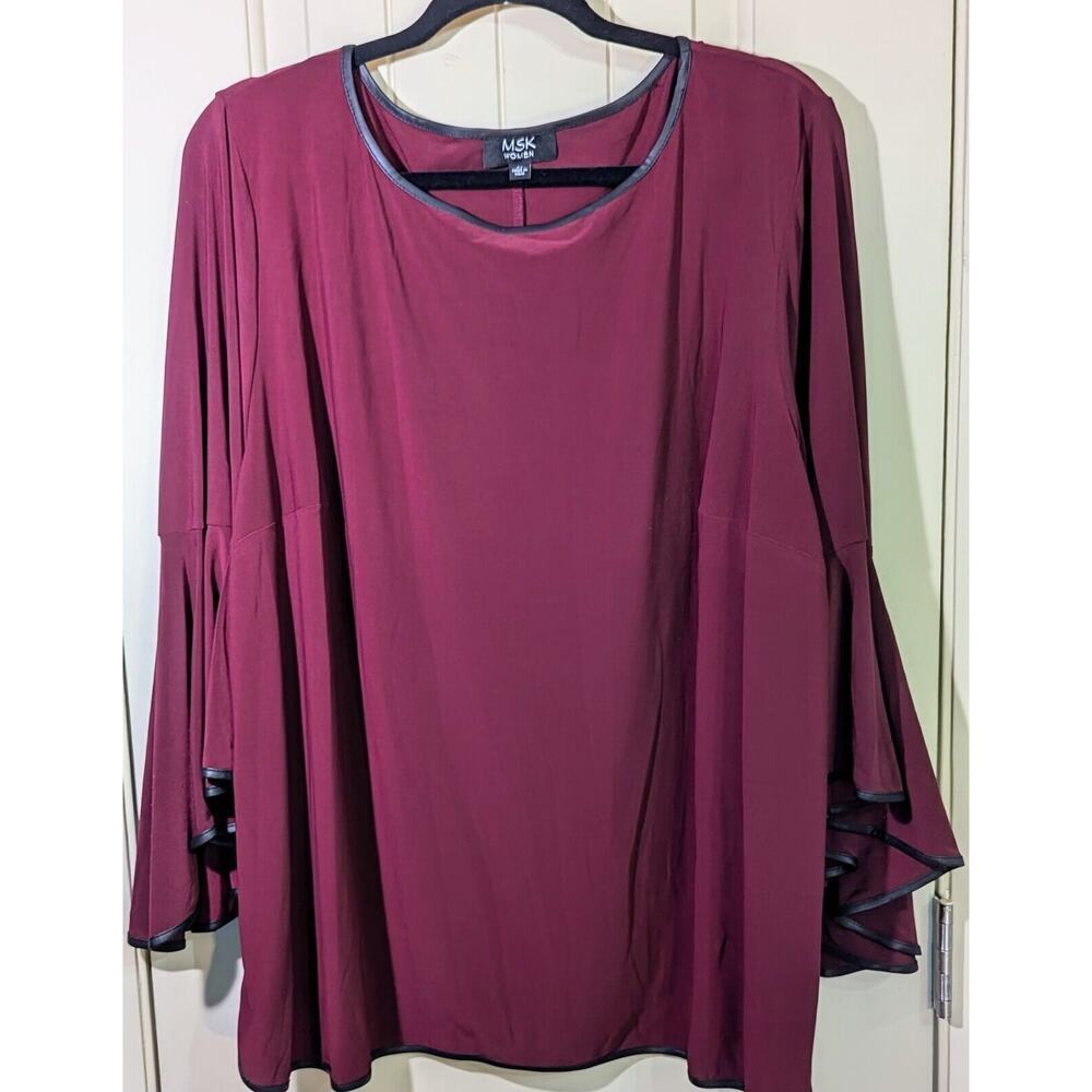 MSK Women Blouse Plus Size 3X Faux Leather Trim Flutter Sleeves Blouson